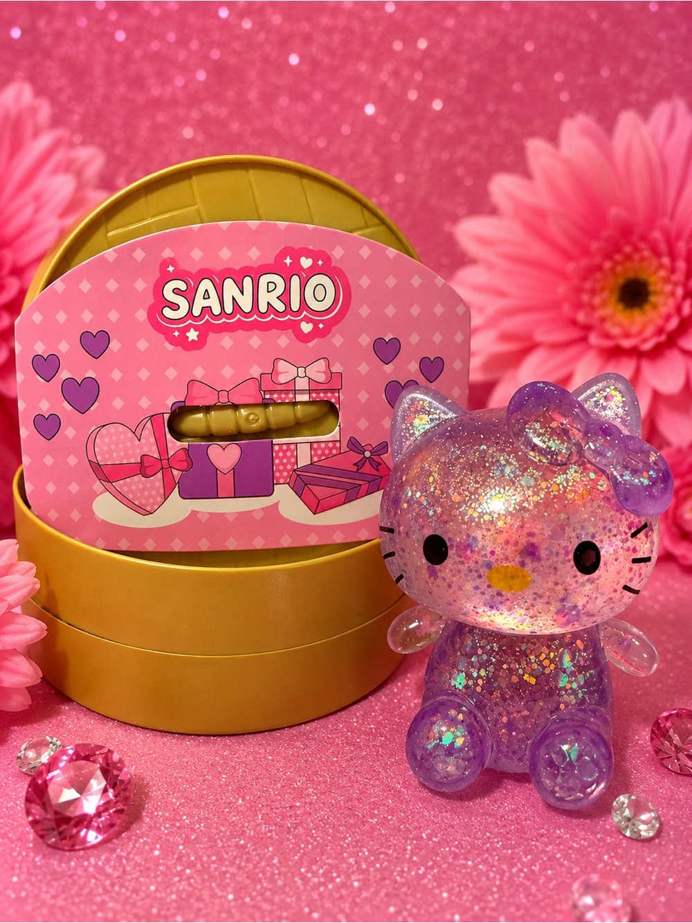 Sanrio Hello Kitty Sparkle Glitter Purple Figurine with Gold Box Accent